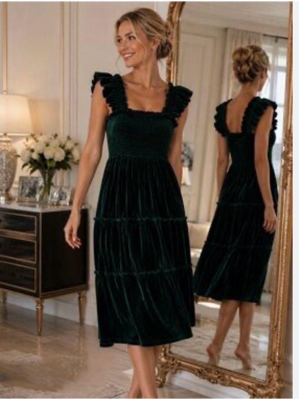 Hill House Velvet Ruffled Strap Midi Dress - Dark Green.  Ellie Nap Dress (XS)
